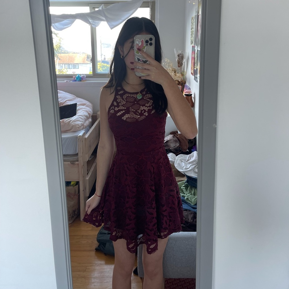 maroon / burgundy lace floral mini dress